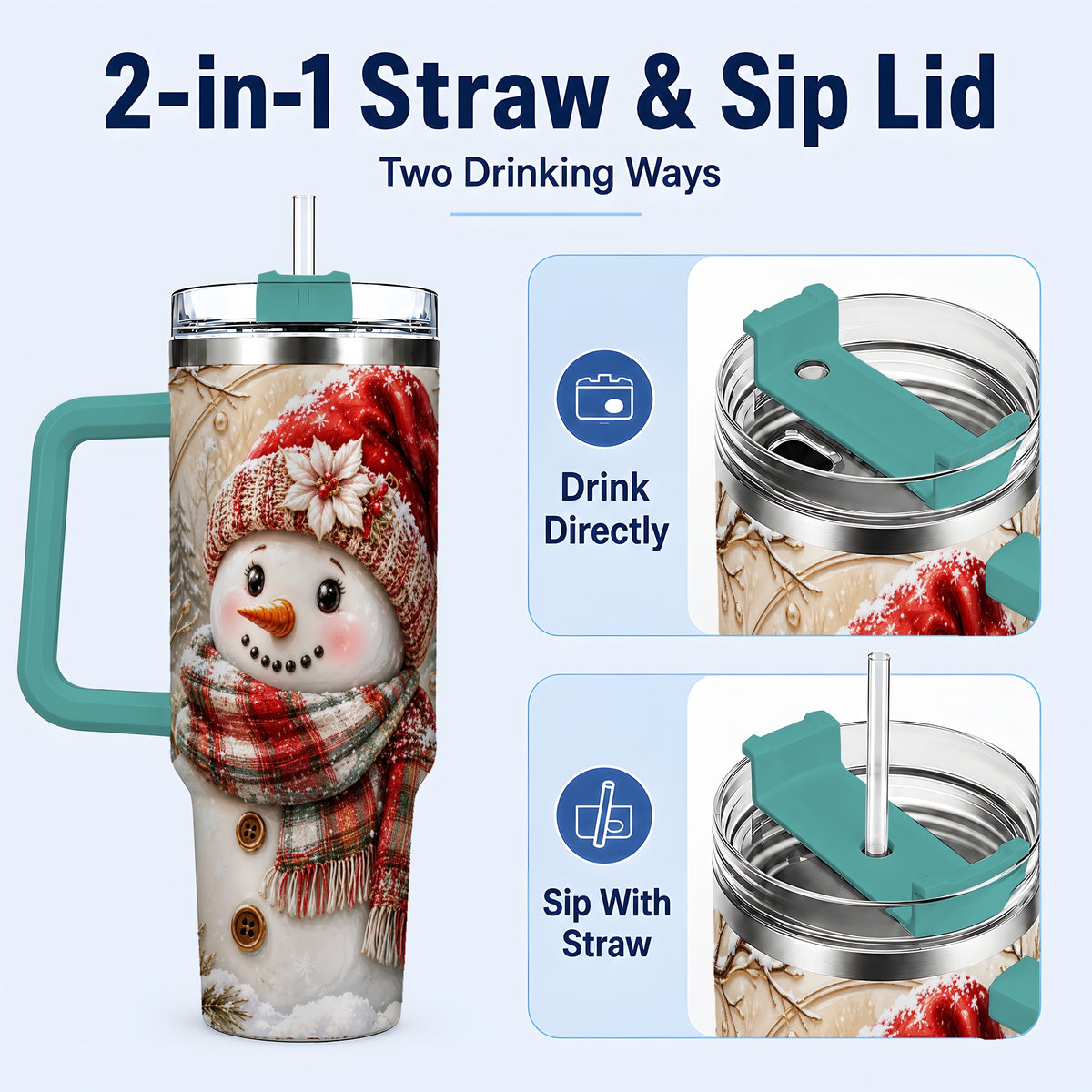 #pl[40oz|Green] Festive Snowman 40oz Tumbler, Poinsettia Stainless Steel Travel Cup