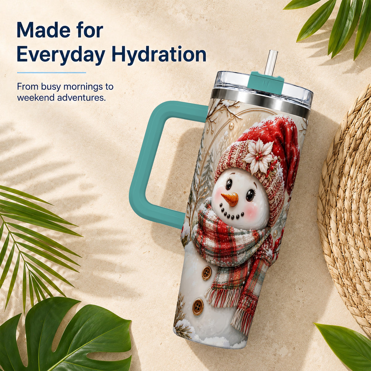 #pl[40oz|Green] Festive Snowman 40oz Tumbler, Poinsettia Stainless Steel Travel Cup