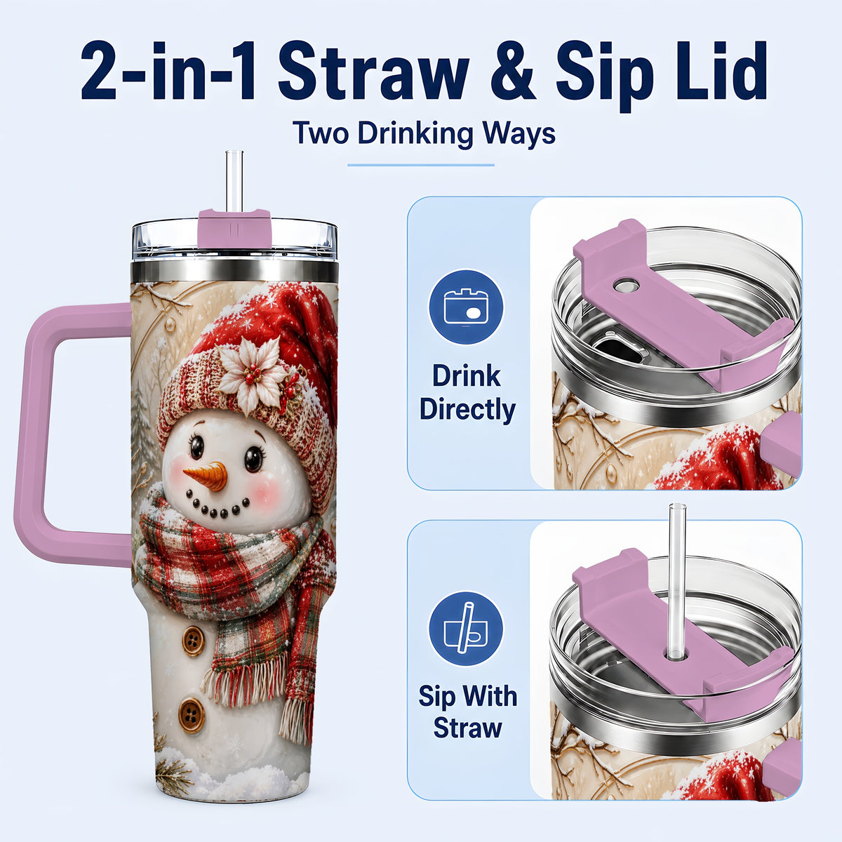 #pl[40oz|Pink] Festive Snowman 40oz Tumbler, Poinsettia Stainless Steel Travel Cup