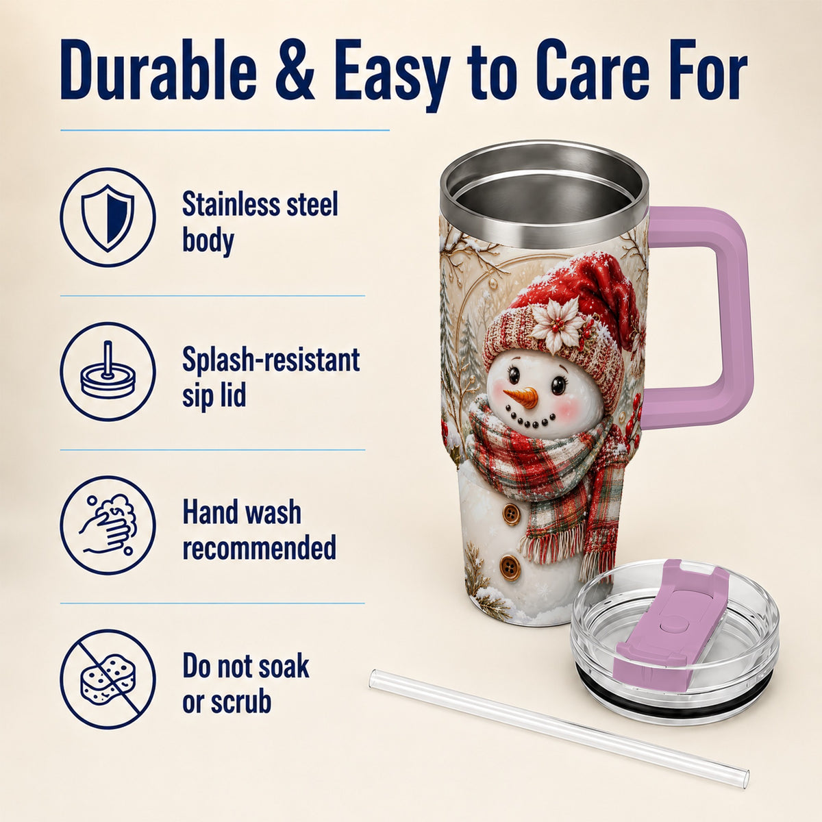 #pl[40oz|Pink] Festive Snowman 40oz Tumbler, Poinsettia Stainless Steel Travel Cup