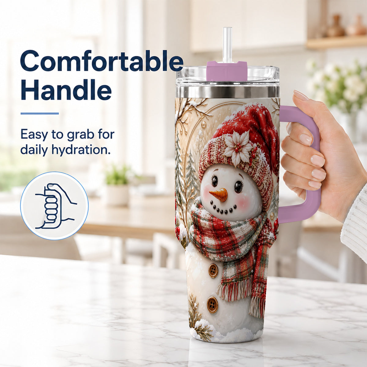 #pl[40oz|Pink] Festive Snowman 40oz Tumbler, Poinsettia Stainless Steel Travel Cup