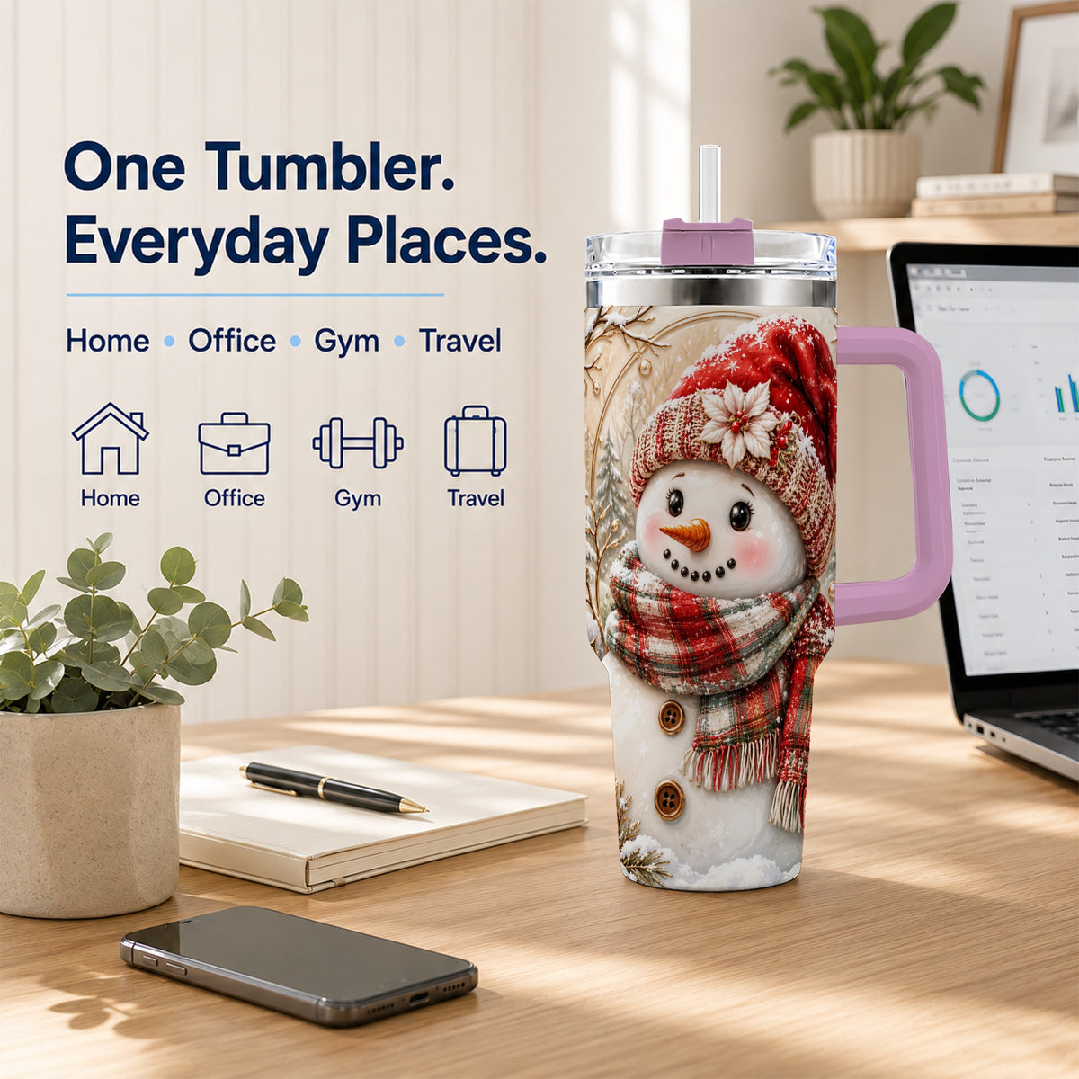 #pl[40oz|Pink] Festive Snowman 40oz Tumbler, Poinsettia Stainless Steel Travel Cup