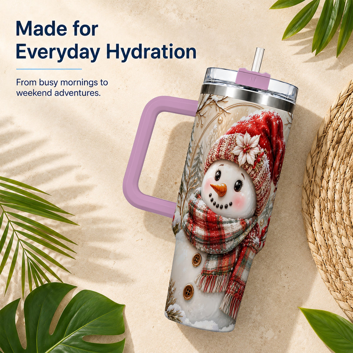 #pl[40oz|Pink] Festive Snowman 40oz Tumbler, Poinsettia Stainless Steel Travel Cup