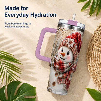 #pl[40oz|Pink] Festive Snowman 40oz Tumbler, Poinsettia Stainless Steel Travel Cup