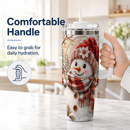 #pl[40oz|White] Festive Snowman 40oz Tumbler, Poinsettia Stainless Steel Travel Cup
