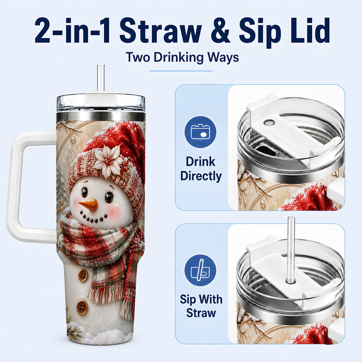 #pl[40oz|White] Festive Snowman 40oz Tumbler, Poinsettia Stainless Steel Travel Cup