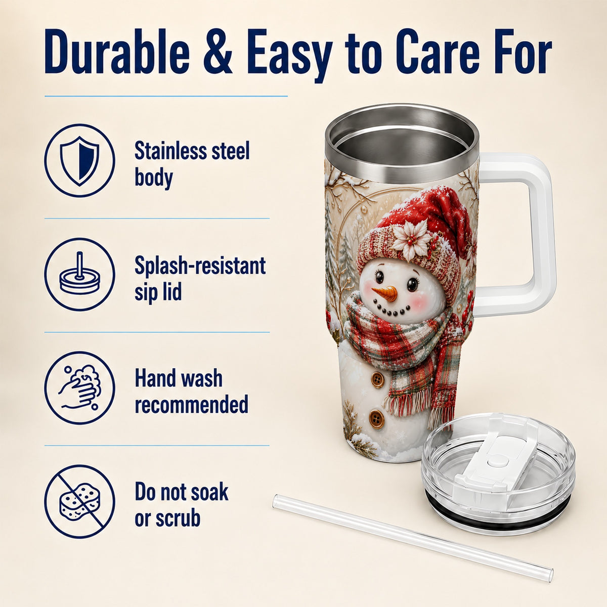 #pl[40oz|White] Festive Snowman 40oz Tumbler, Poinsettia Stainless Steel Travel Cup