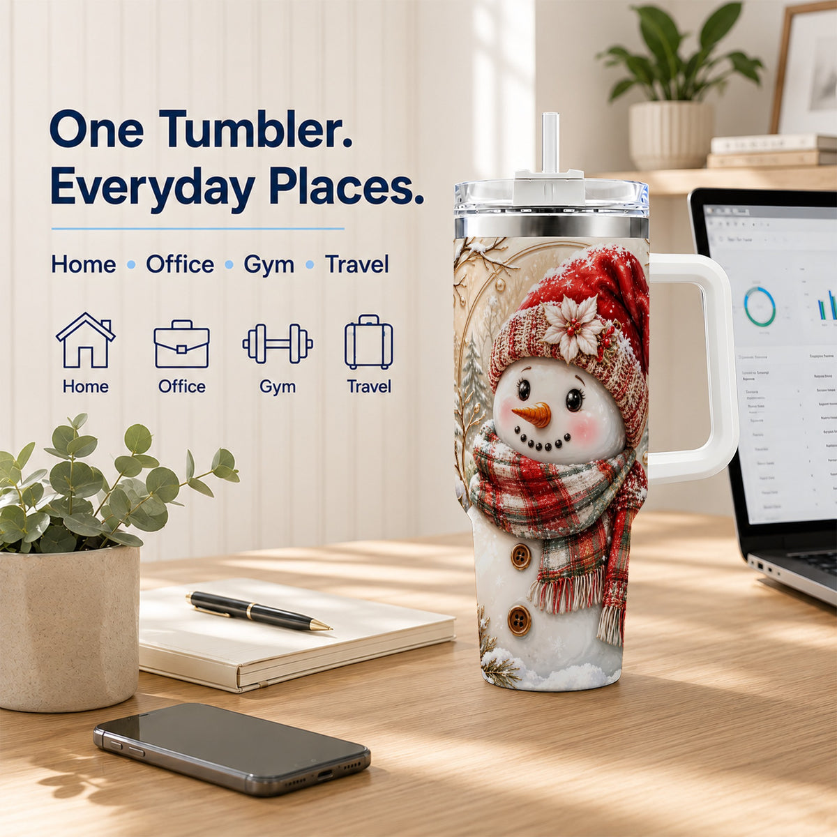#pl[40oz|White] Festive Snowman 40oz Tumbler, Poinsettia Stainless Steel Travel Cup