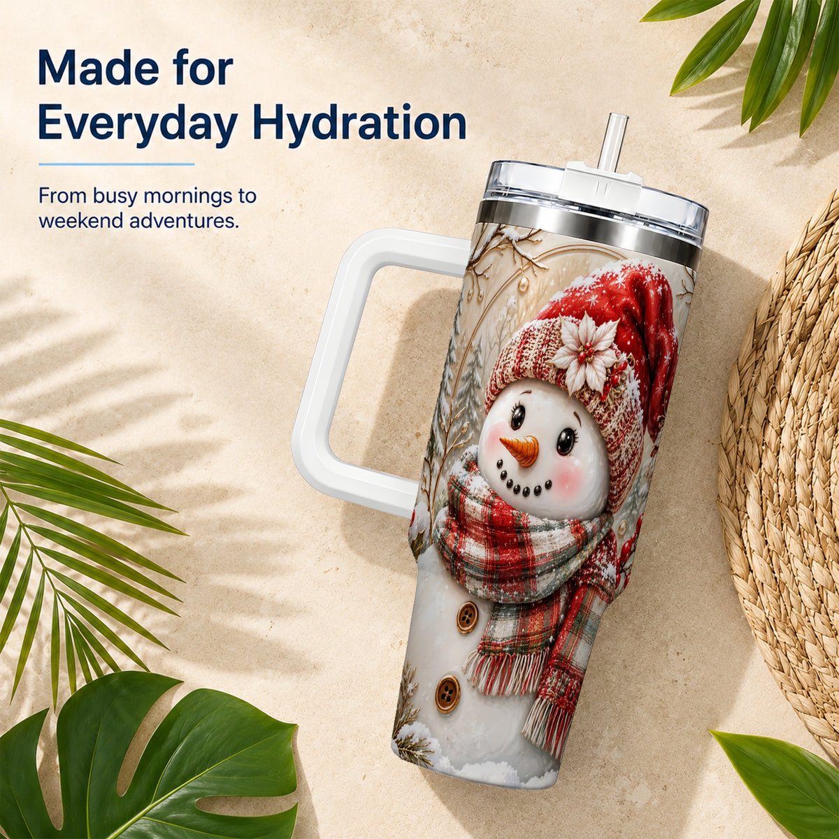 #pl[40oz|White] Festive Snowman 40oz Tumbler, Poinsettia Stainless Steel Travel Cup