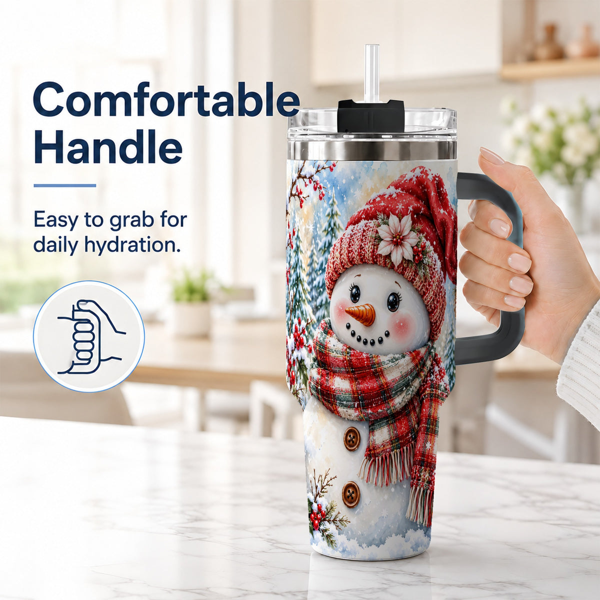 #pl[40oz|Black] Watercolor Snowman 40oz Tumbler, Holly Stainless Steel Travel Cup