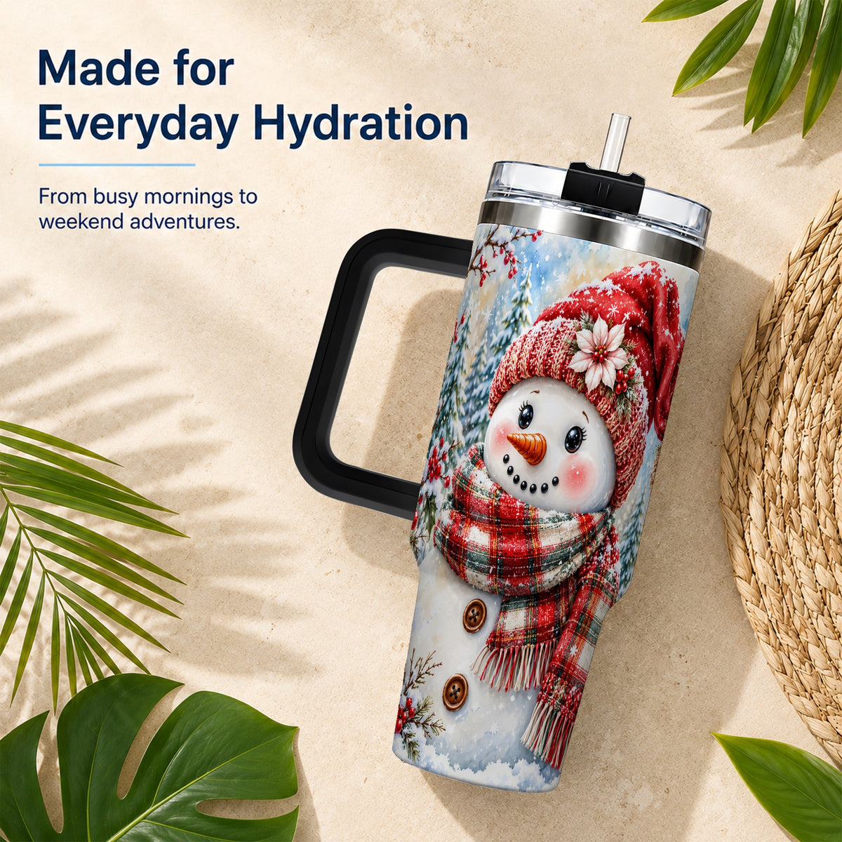 #pl[40oz|Black] Watercolor Snowman 40oz Tumbler, Holly Stainless Steel Travel Cup