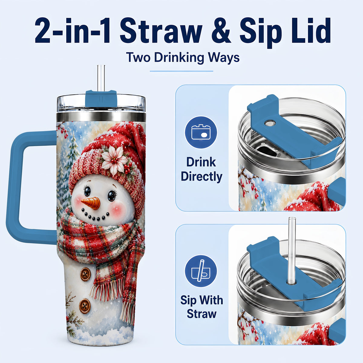 #pl[40oz|Blue] Watercolor Snowman 40oz Tumbler, Holly Stainless Steel Travel Cup