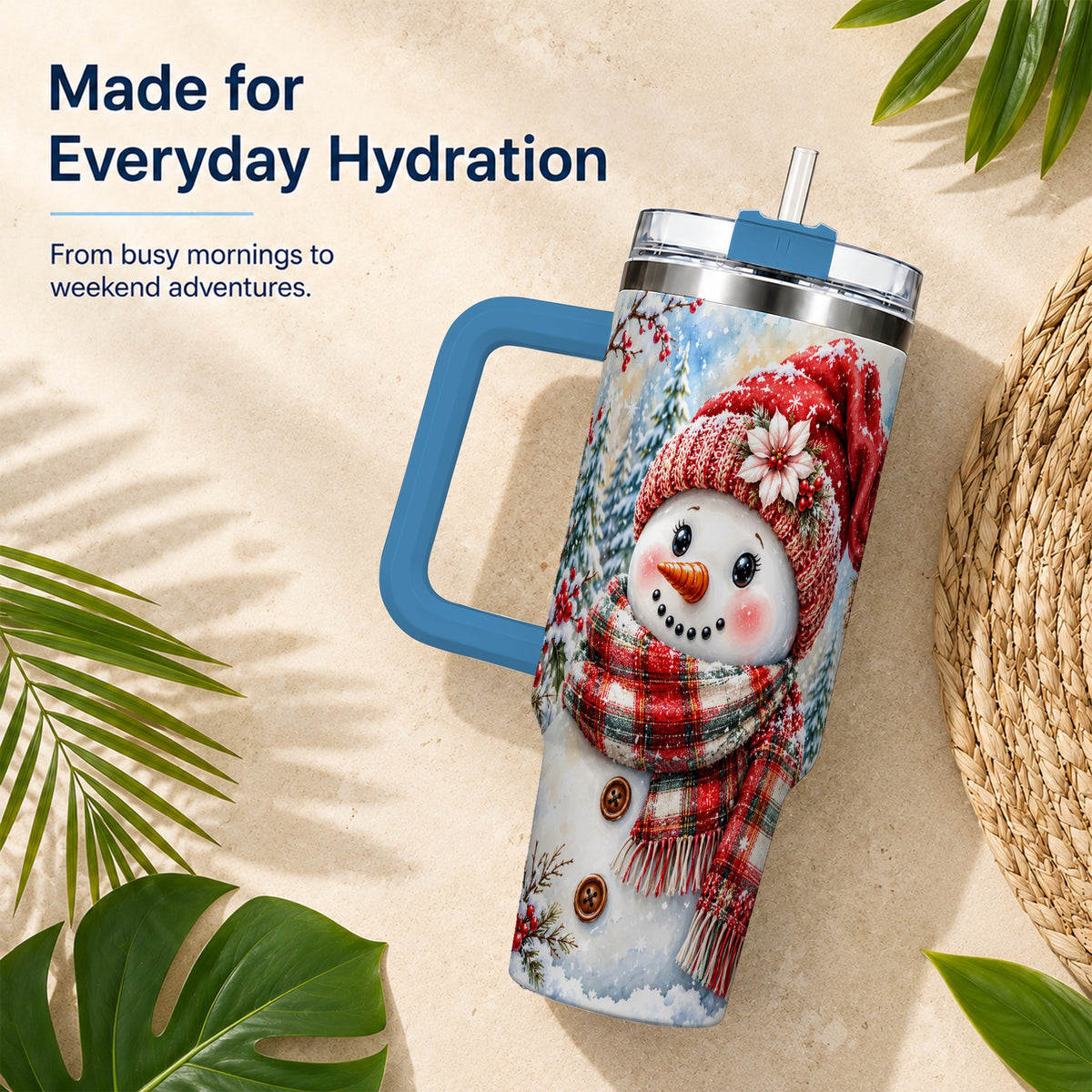 #pl[40oz|Blue] Watercolor Snowman 40oz Tumbler, Holly Stainless Steel Travel Cup