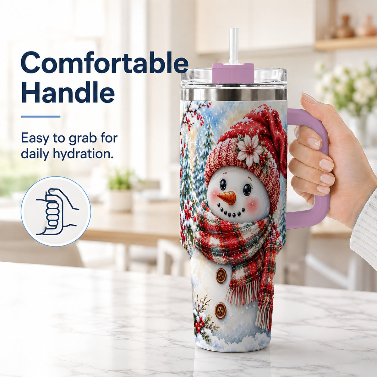 #pl[40oz|Pink] Watercolor Snowman 40oz Tumbler, Holly Stainless Steel Travel Cup