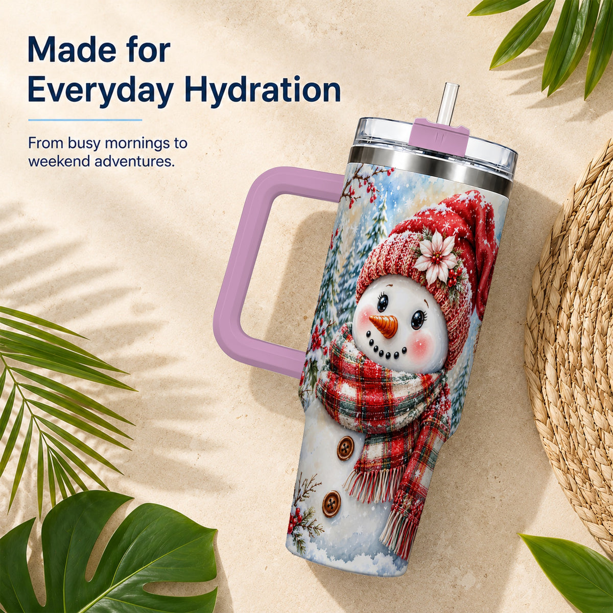 #pl[40oz|Pink] Watercolor Snowman 40oz Tumbler, Holly Stainless Steel Travel Cup
