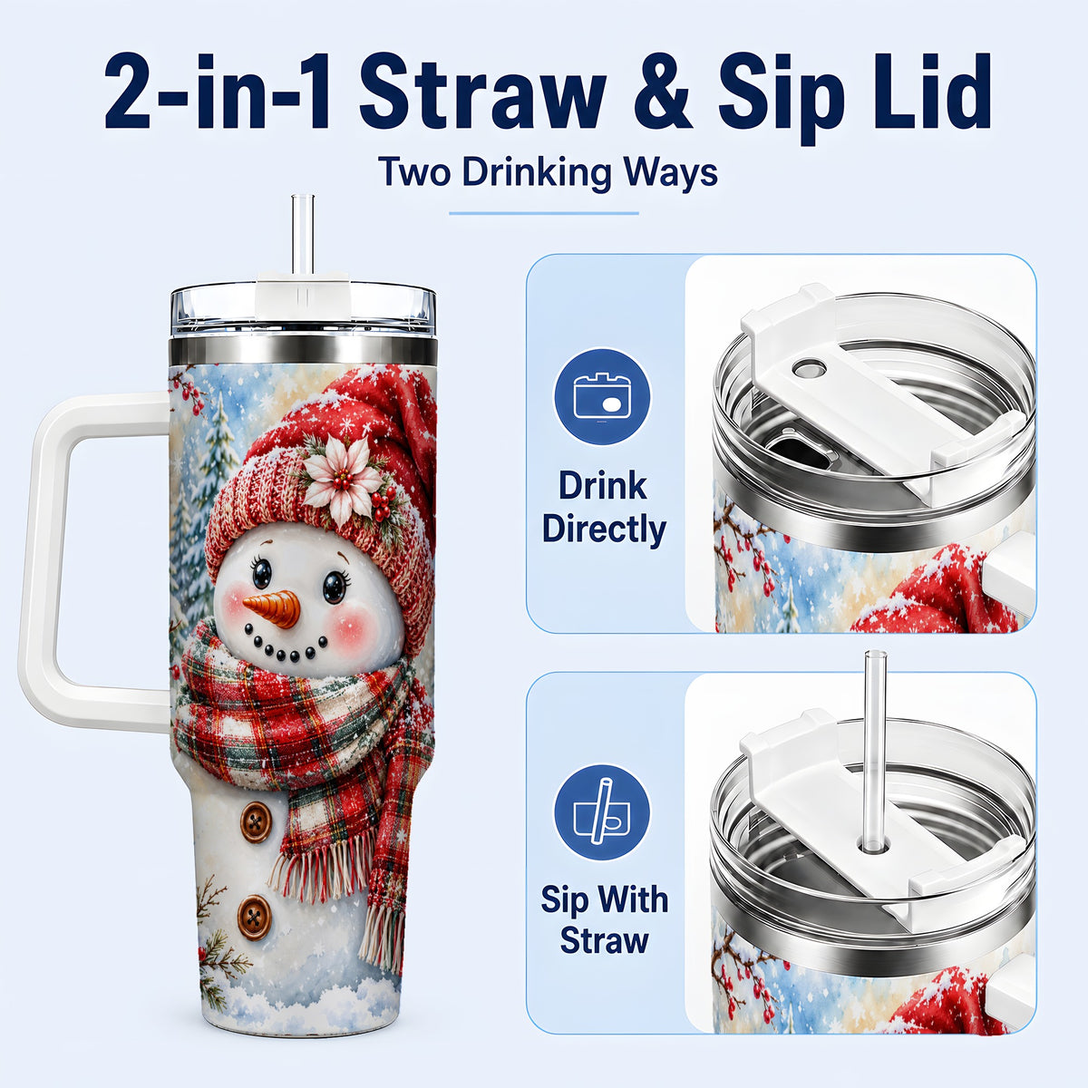 #pl[40oz|White] Watercolor Snowman 40oz Tumbler, Holly Stainless Steel Travel Cup