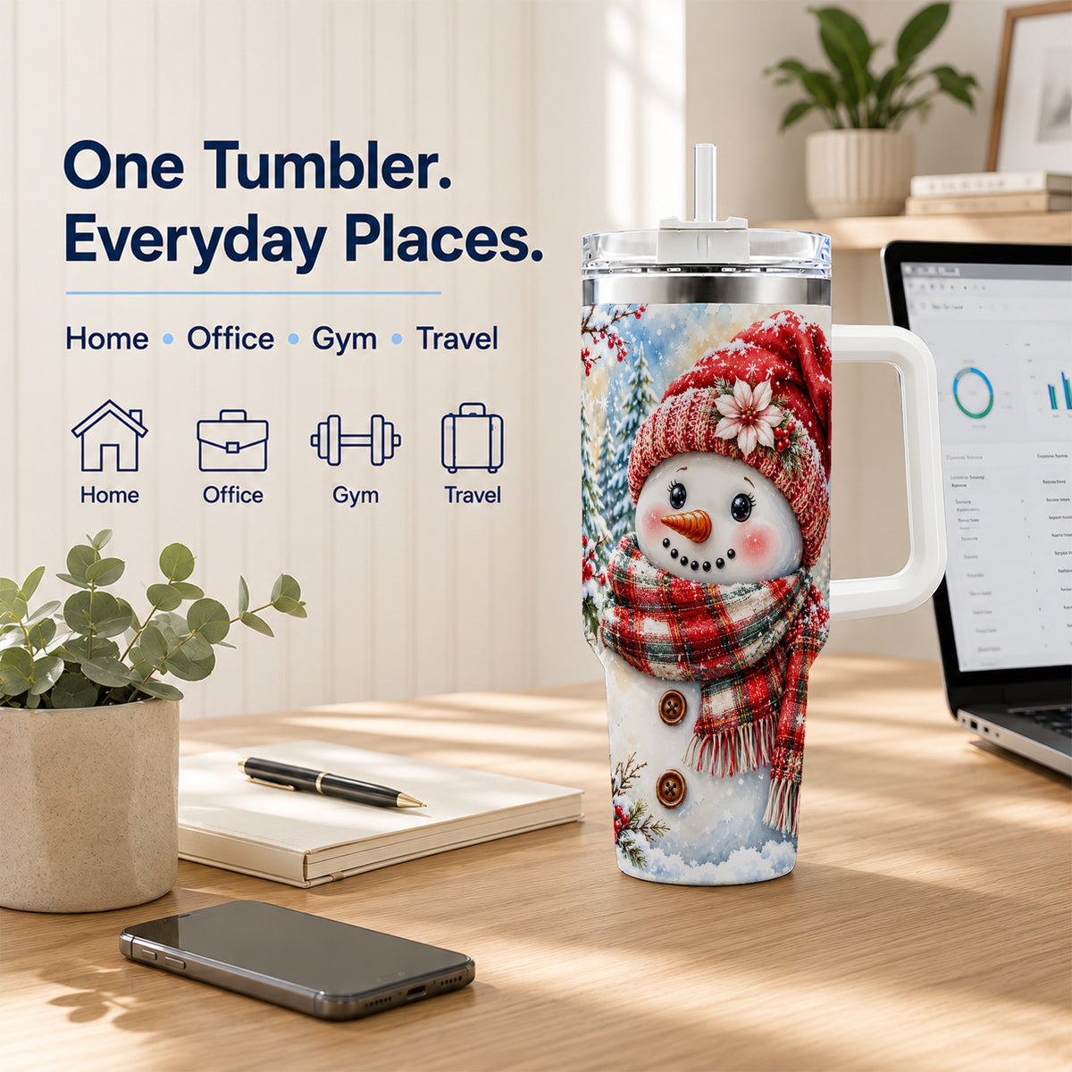 #pl[40oz|White] Watercolor Snowman 40oz Tumbler, Holly Stainless Steel Travel Cup