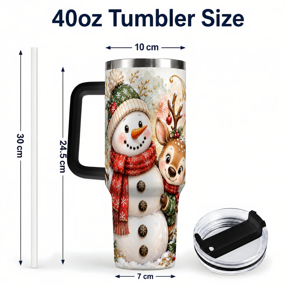 #pl[40oz|Black] Snowman Reindeer 40oz Tumbler with Handle, Winter Travel Cup