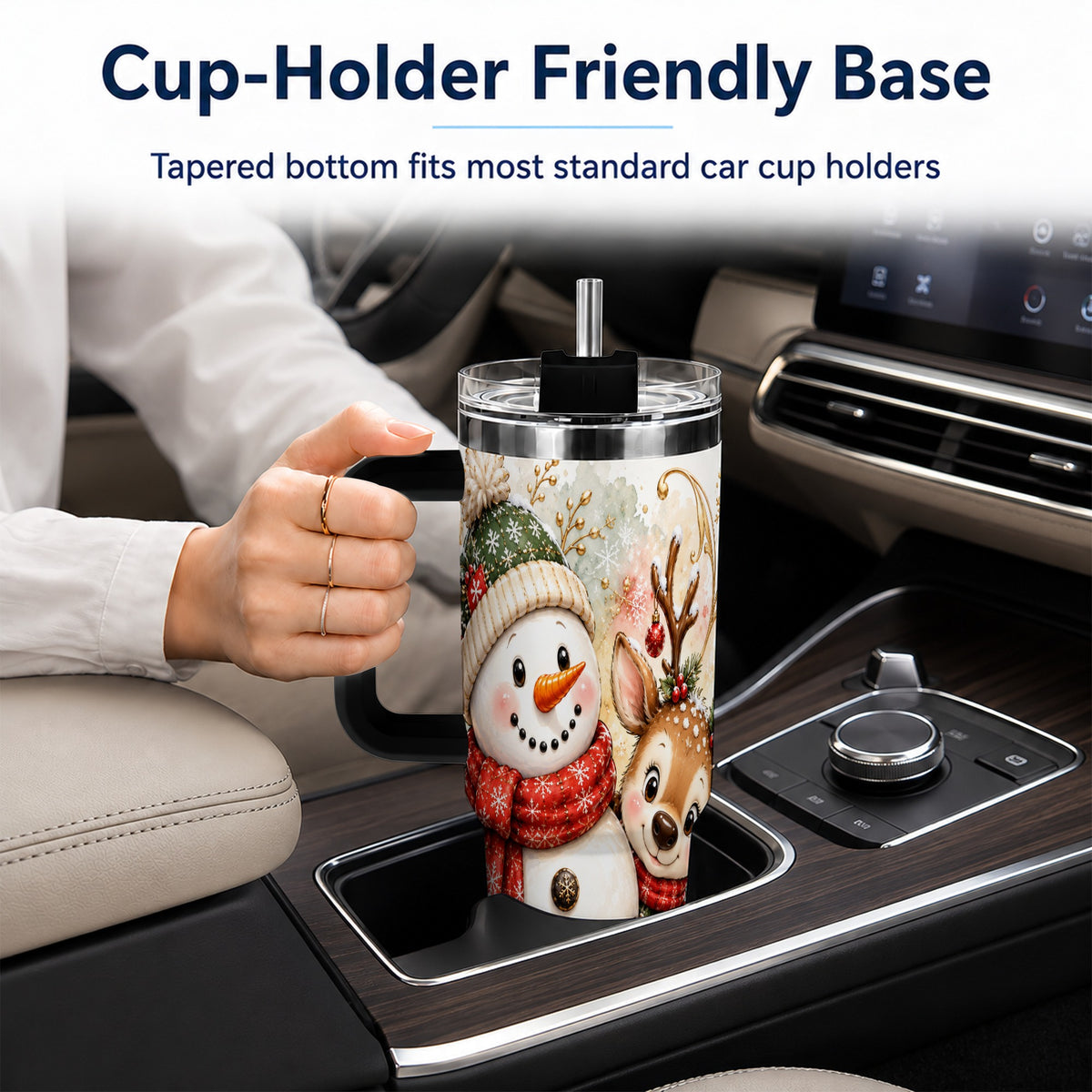 #pl[40oz|Black] Snowman Reindeer 40oz Tumbler with Handle, Winter Travel Cup