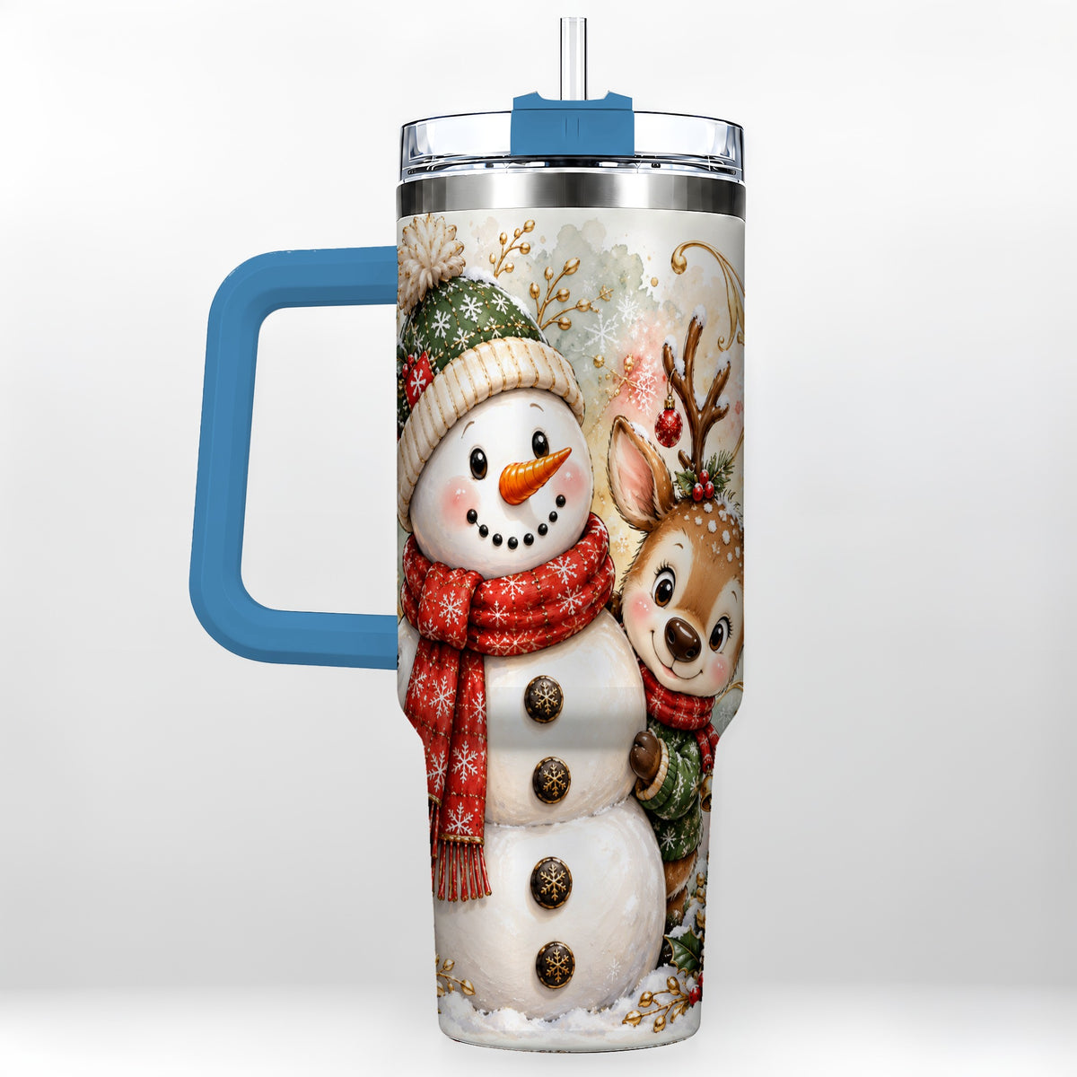 #pl[40oz|Blue] Snowman Reindeer 40oz Tumbler with Handle, Winter Travel Cup