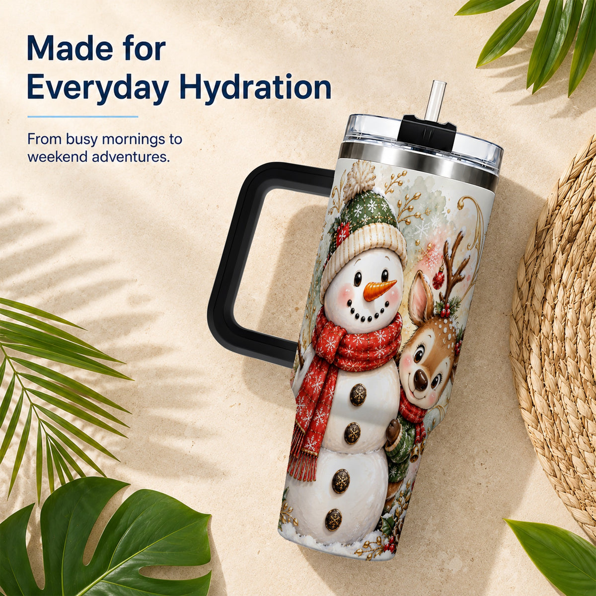 #pl[40oz|Black] Snowman Reindeer 40oz Tumbler with Handle, Winter Travel Cup