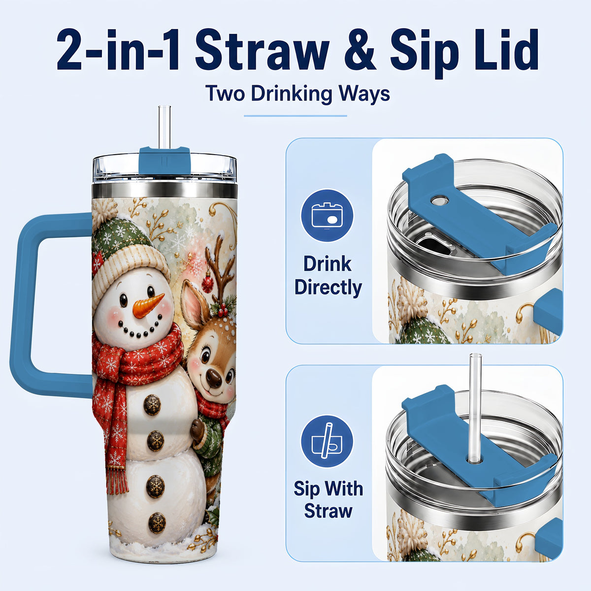 #pl[40oz|Blue] Snowman Reindeer 40oz Tumbler with Handle, Winter Travel Cup
