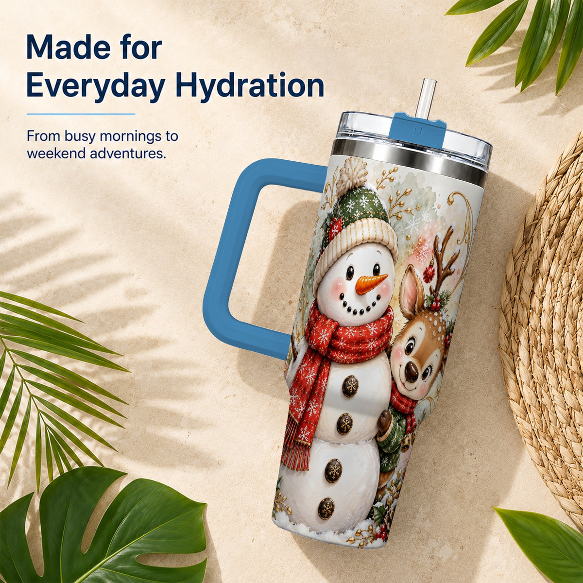 #pl[40oz|Blue] Snowman Reindeer 40oz Tumbler with Handle, Winter Travel Cup