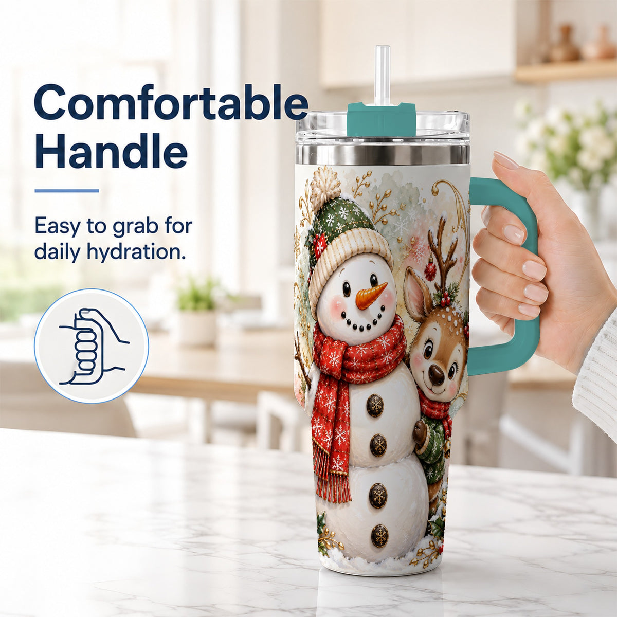 #pl[40oz|Green] Snowman Reindeer 40oz Tumbler with Handle, Winter Travel Cup