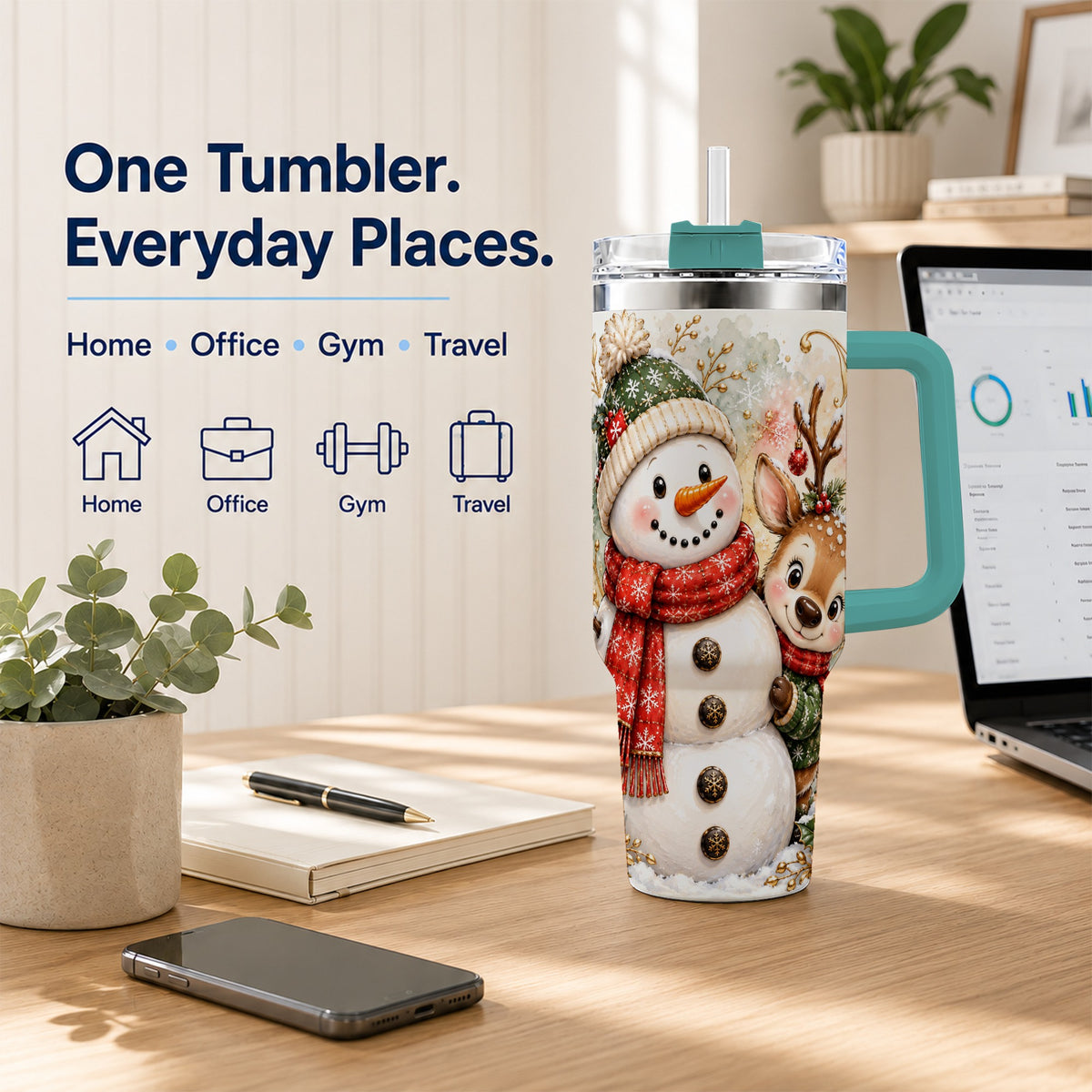 #pl[40oz|Green] Snowman Reindeer 40oz Tumbler with Handle, Winter Travel Cup