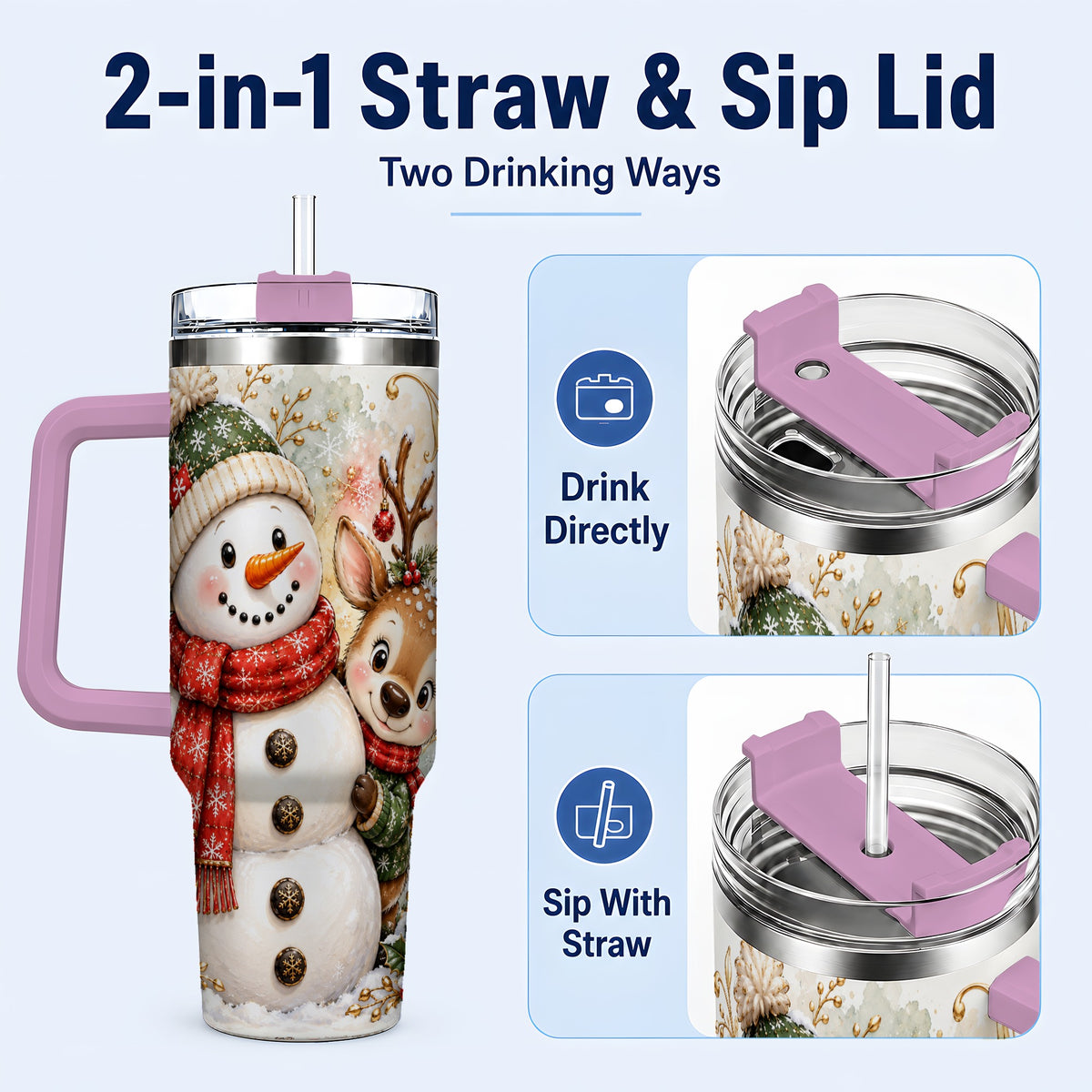#pl[40oz|Pink] Snowman Reindeer 40oz Tumbler with Handle, Winter Travel Cup