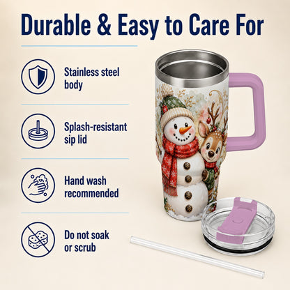 #pl[40oz|Pink] Snowman Reindeer 40oz Tumbler with Handle, Winter Travel Cup