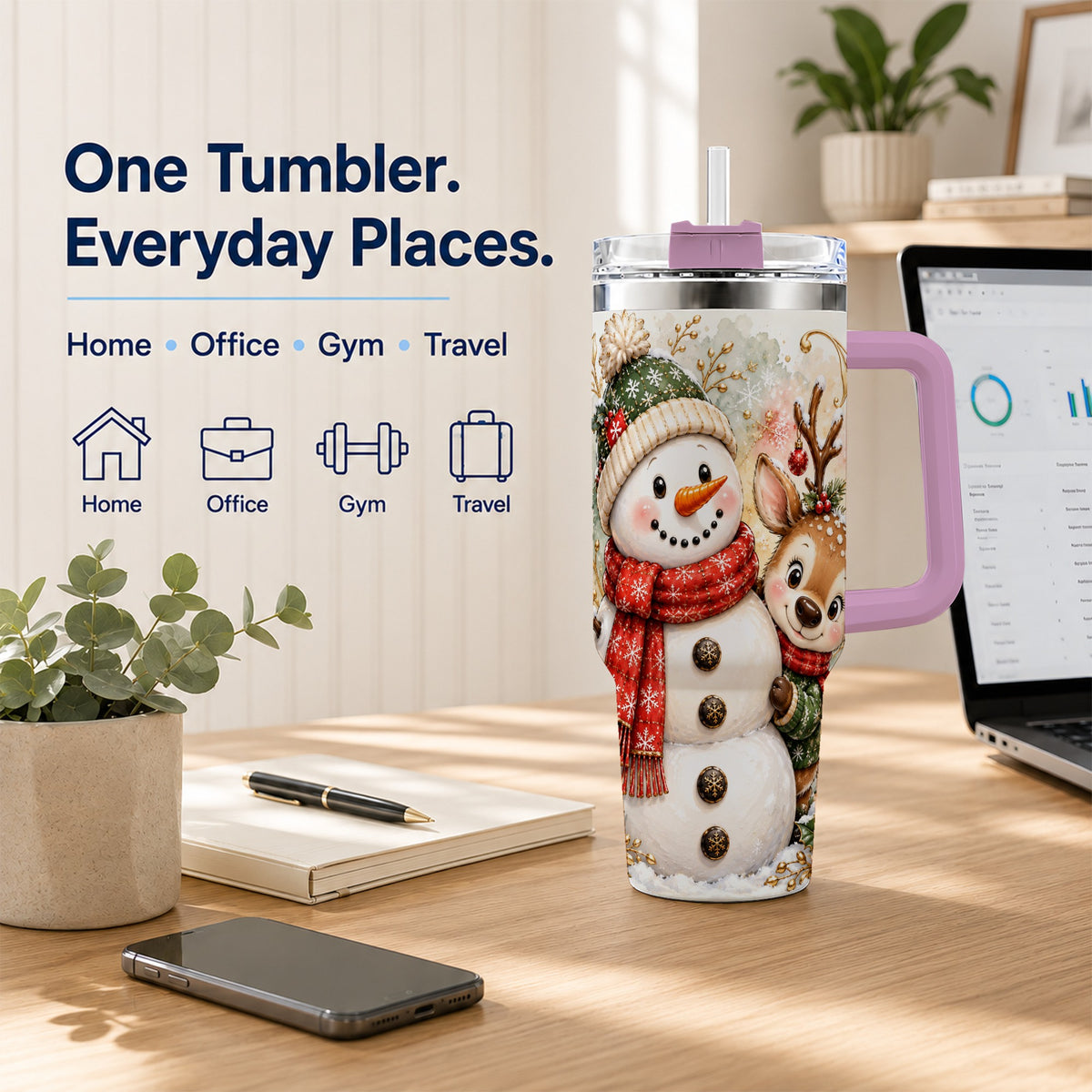 #pl[40oz|Pink] Snowman Reindeer 40oz Tumbler with Handle, Winter Travel Cup