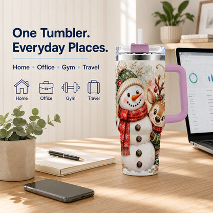 #pl[40oz|Pink] Snowman Reindeer 40oz Tumbler with Handle, Winter Travel Cup