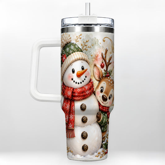Snowman Reindeer 40oz Tumbler with Handle, Winter Travel Cup