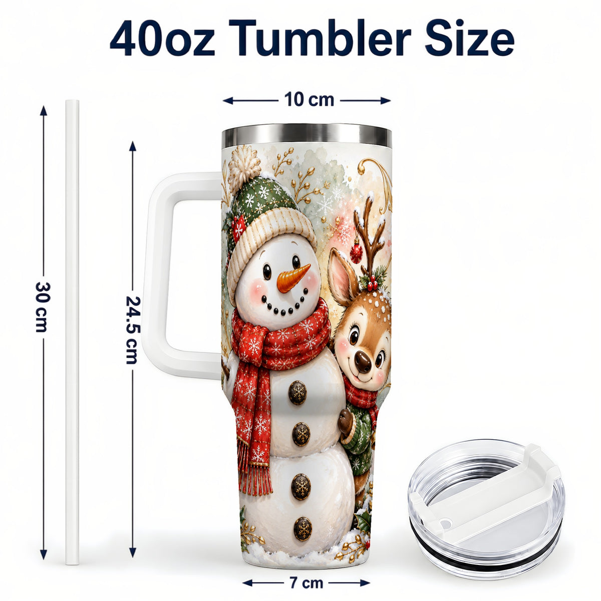 #pl[40oz|White] Snowman Reindeer 40oz Tumbler with Handle, Winter Travel Cup