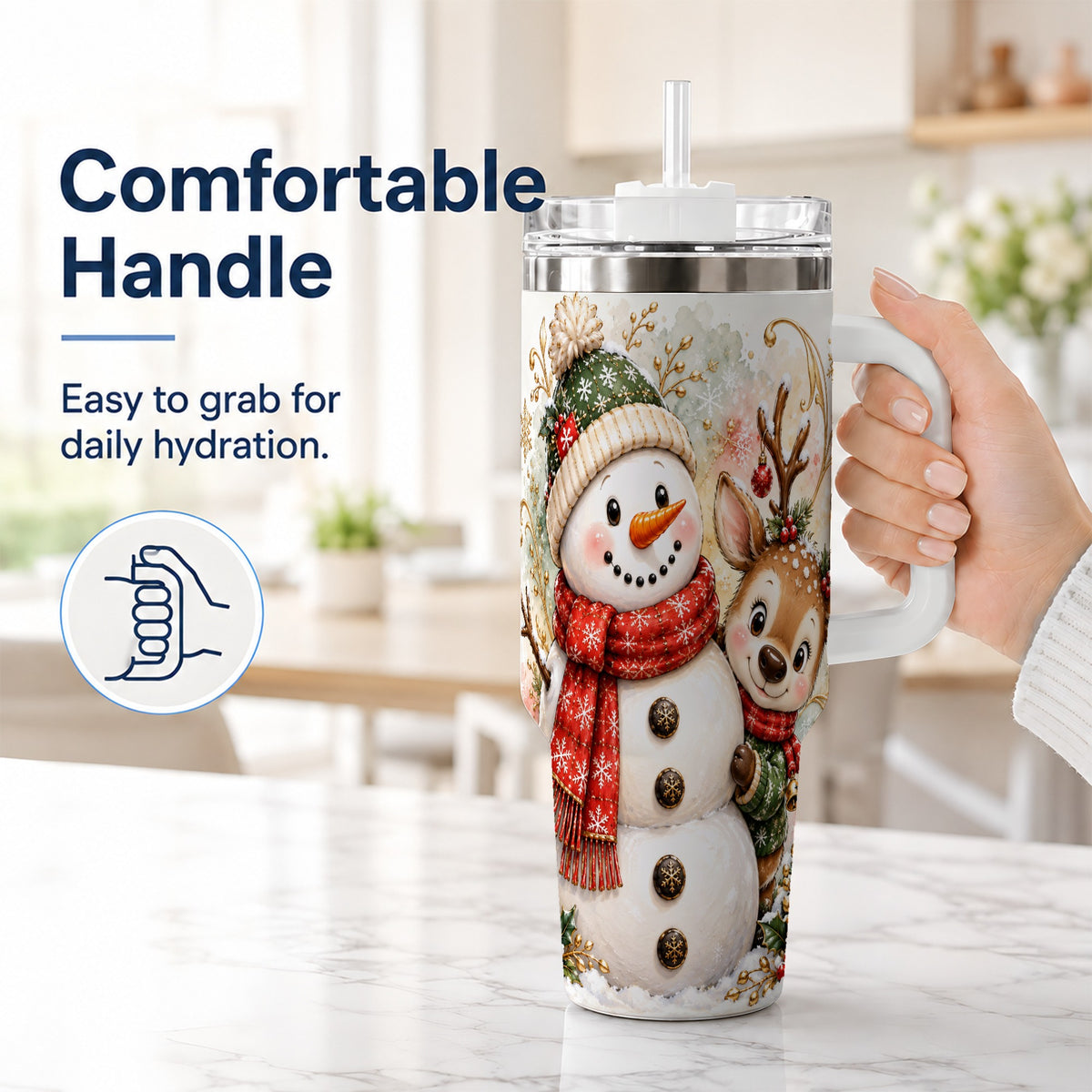 #pl[40oz|White] Snowman Reindeer 40oz Tumbler with Handle, Winter Travel Cup