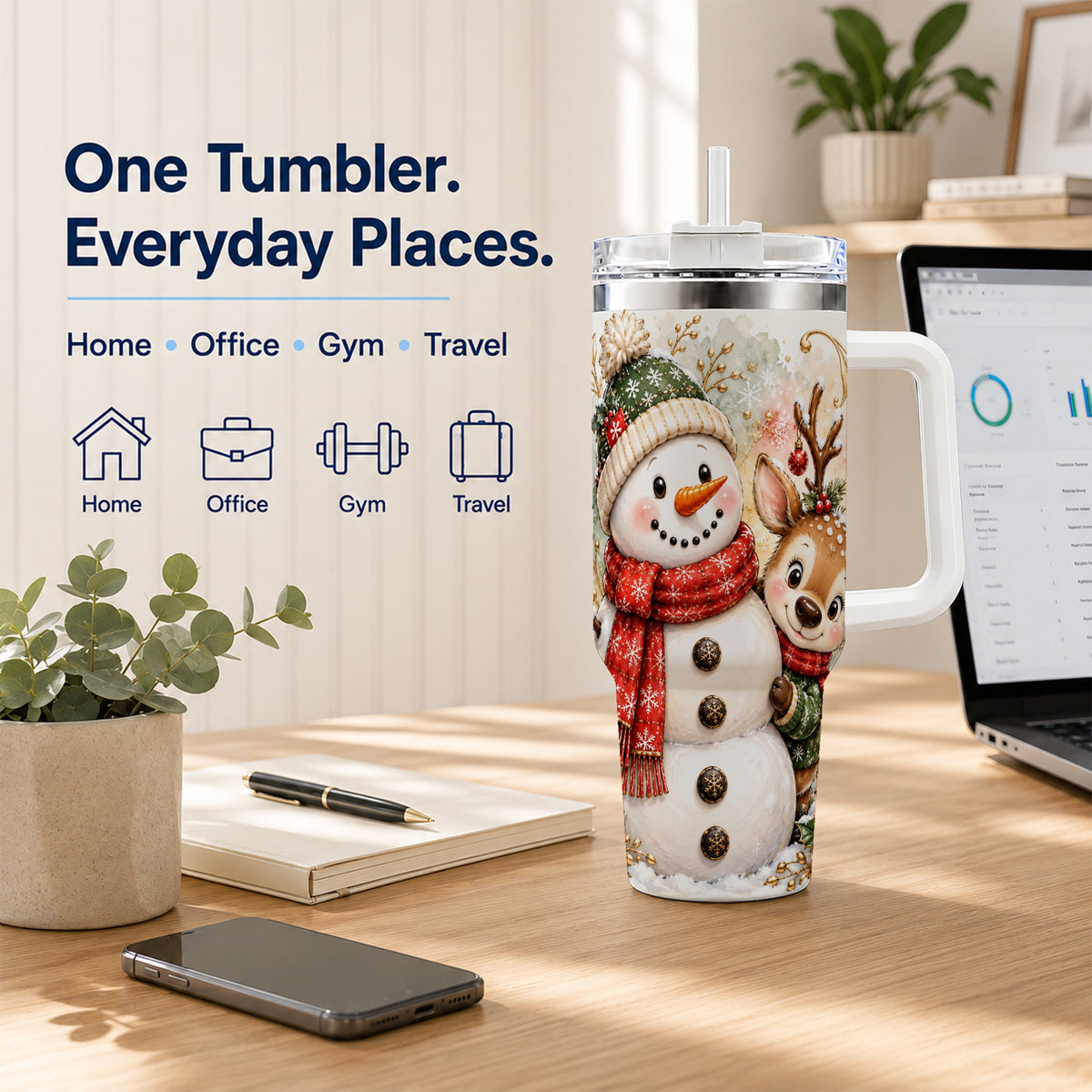 #pl[40oz|White] Snowman Reindeer 40oz Tumbler with Handle, Winter Travel Cup