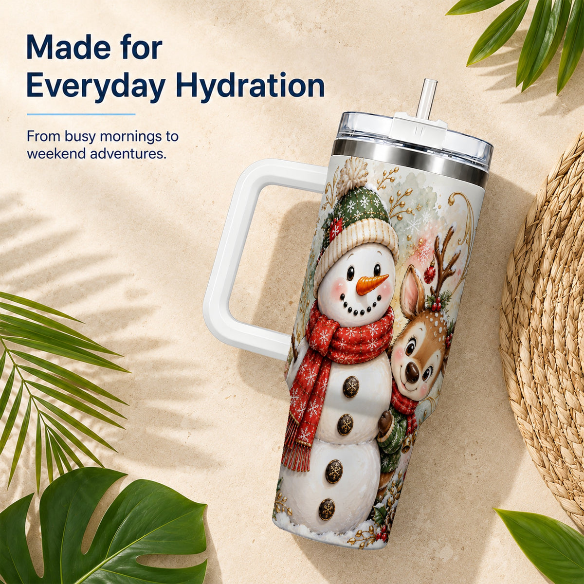 #pl[40oz|White] Snowman Reindeer 40oz Tumbler with Handle, Winter Travel Cup