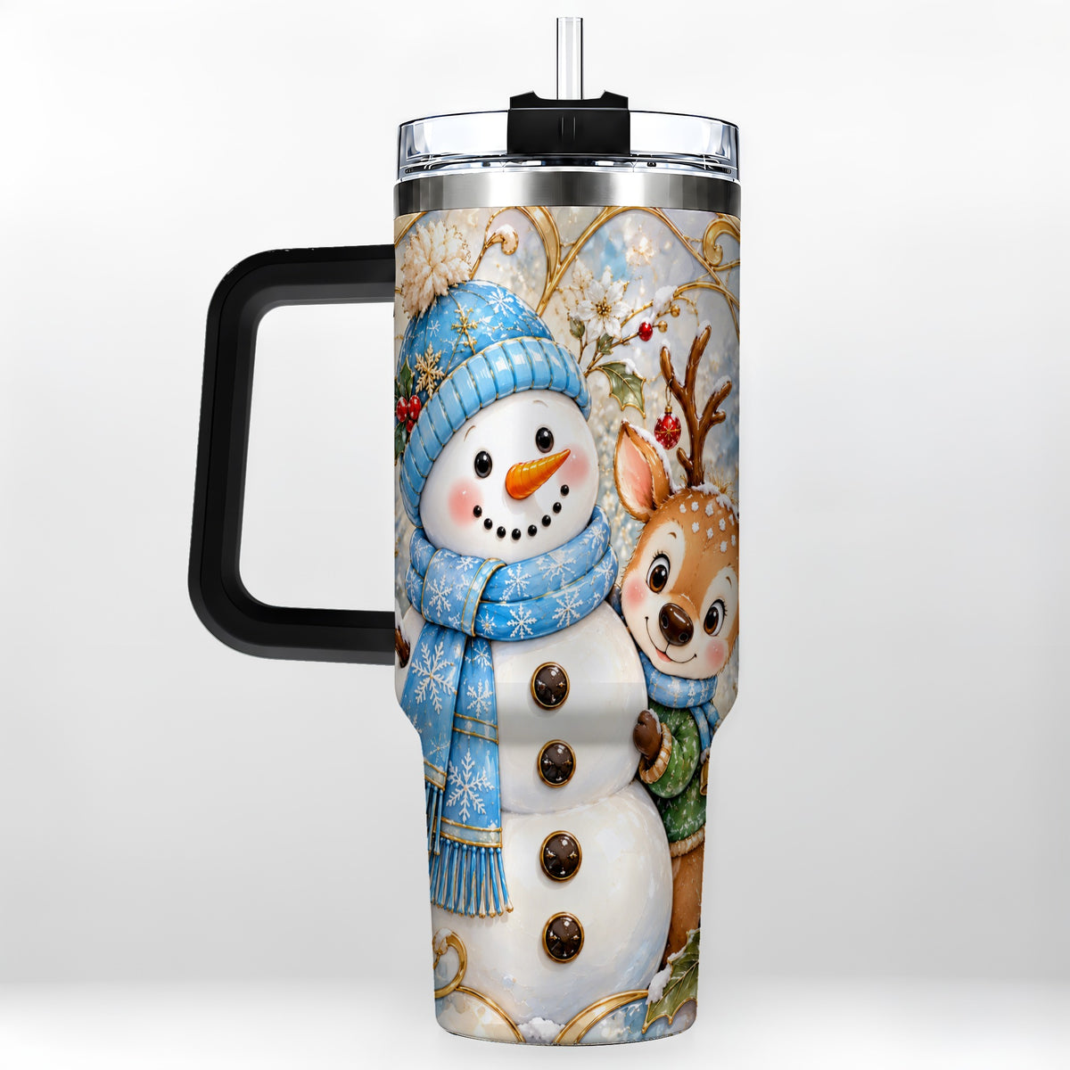#pl[40oz|Black] Snowman Reindeer 40oz Tumbler with Handle, Winter Travel Cup
