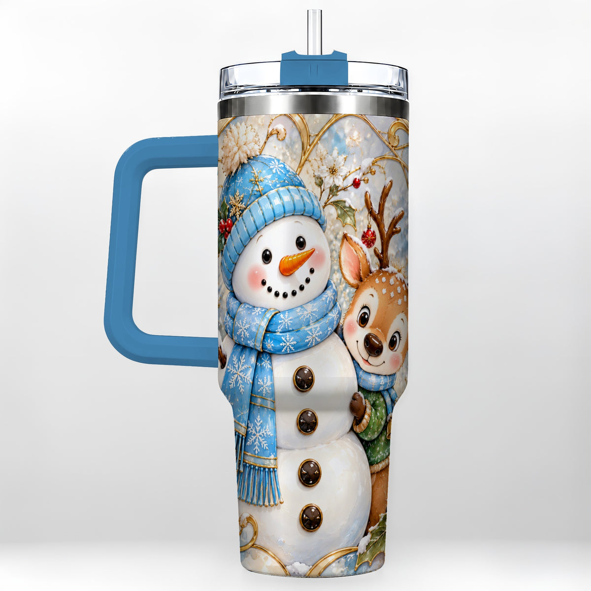 #pl[40oz|Blue] Snowman Reindeer 40oz Tumbler with Handle, Winter Travel Cup
