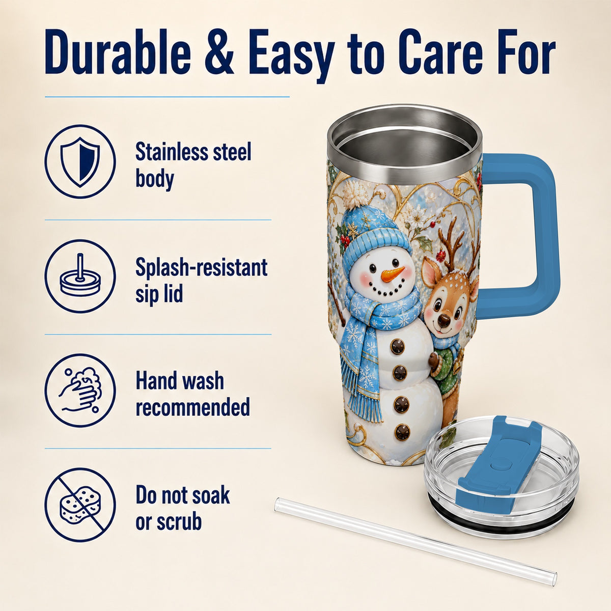 #pl[40oz|Blue] Snowman Reindeer 40oz Tumbler with Handle, Winter Travel Cup