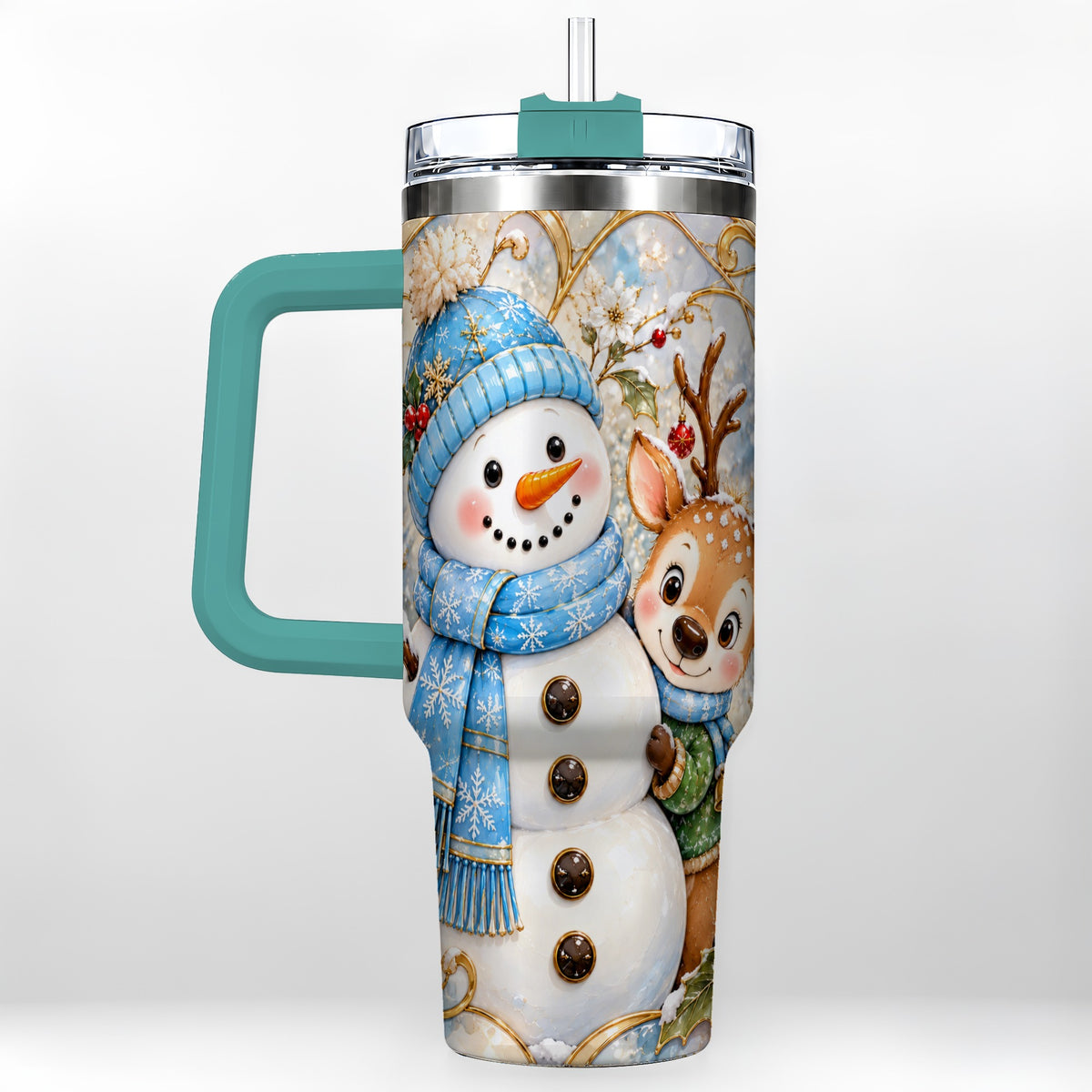 #pl[40oz|Green] Snowman Reindeer 40oz Tumbler with Handle, Winter Travel Cup