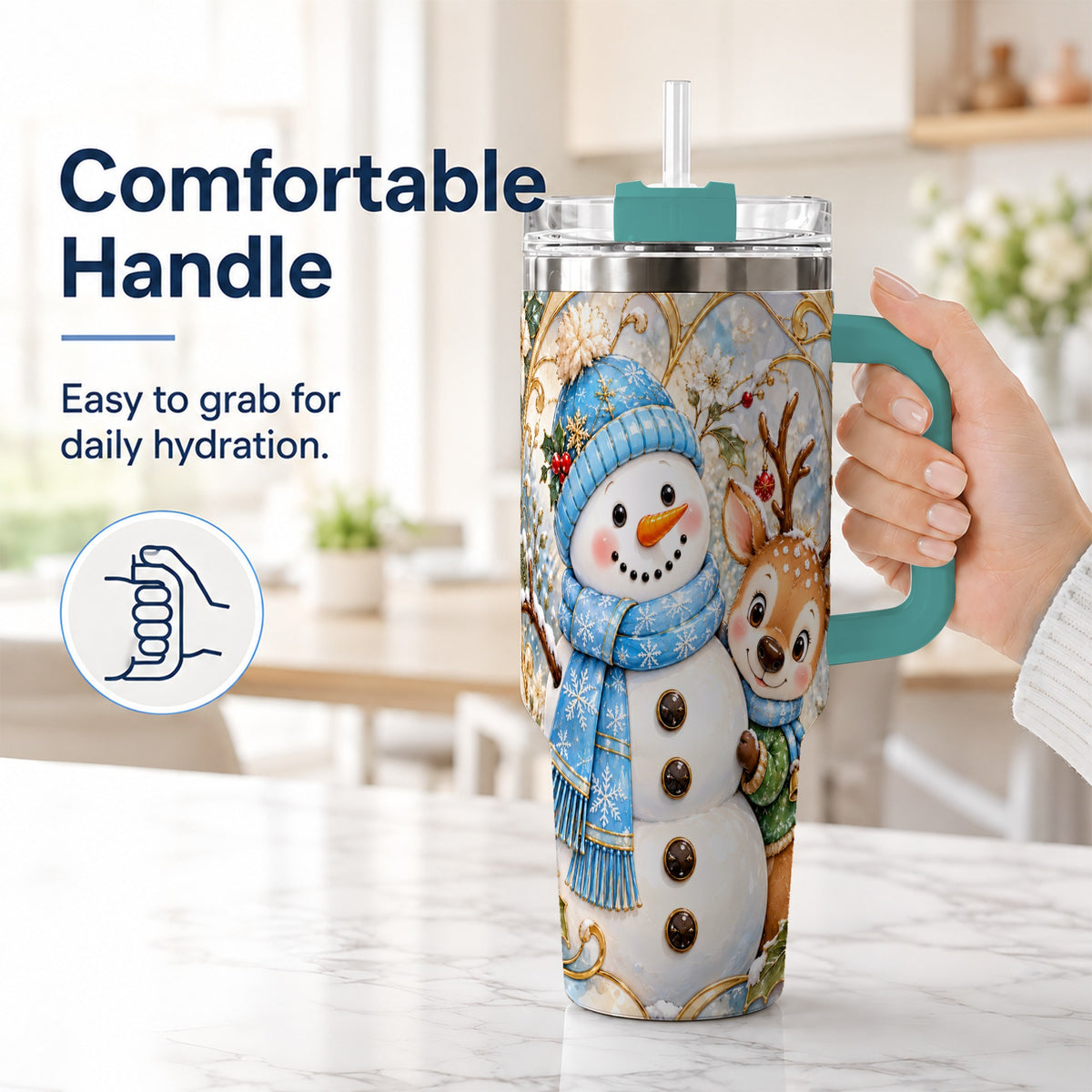 #pl[40oz|Green] Snowman Reindeer 40oz Tumbler with Handle, Winter Travel Cup
