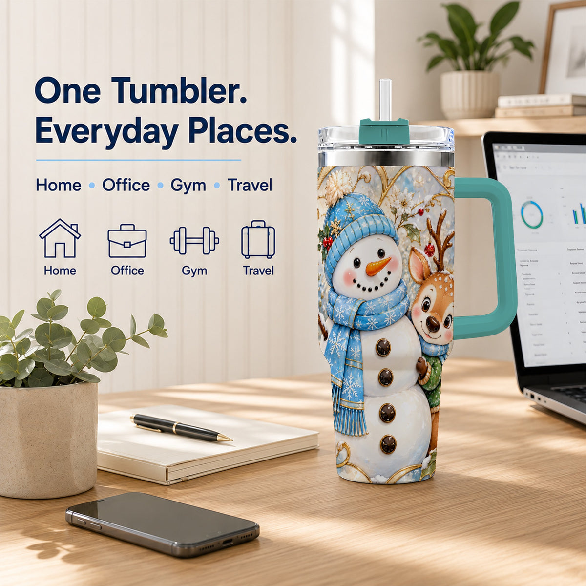 #pl[40oz|Green] Snowman Reindeer 40oz Tumbler with Handle, Winter Travel Cup