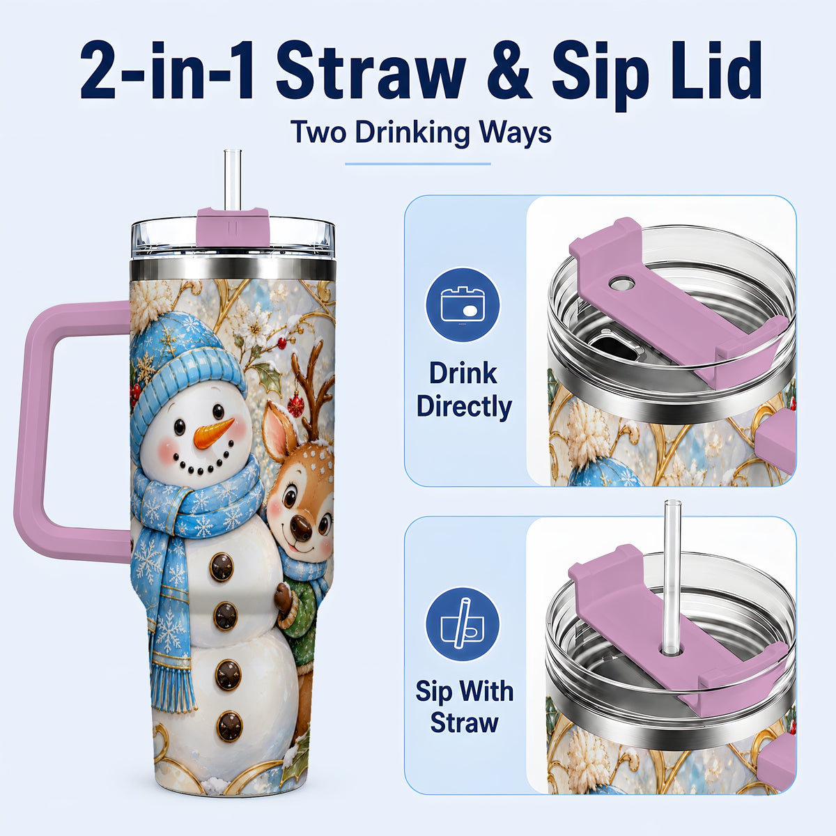 #pl[40oz|Pink] Snowman Reindeer 40oz Tumbler with Handle, Winter Travel Cup