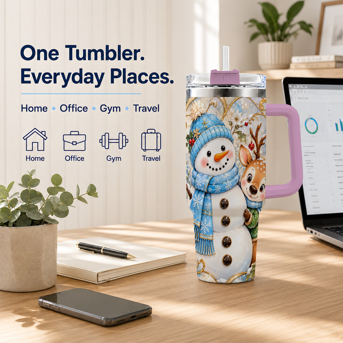 #pl[40oz|Pink] Snowman Reindeer 40oz Tumbler with Handle, Winter Travel Cup