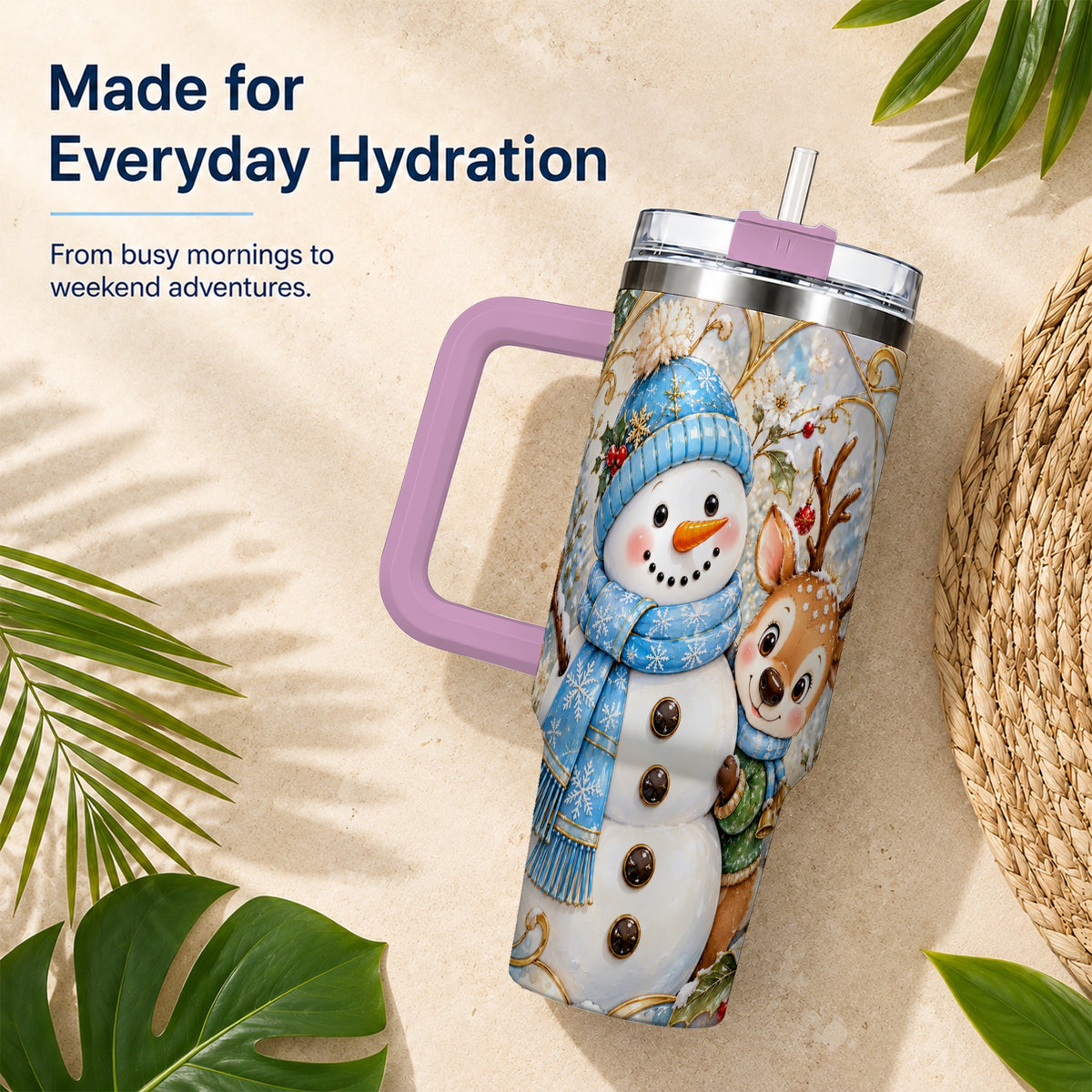 #pl[40oz|Pink] Snowman Reindeer 40oz Tumbler with Handle, Winter Travel Cup