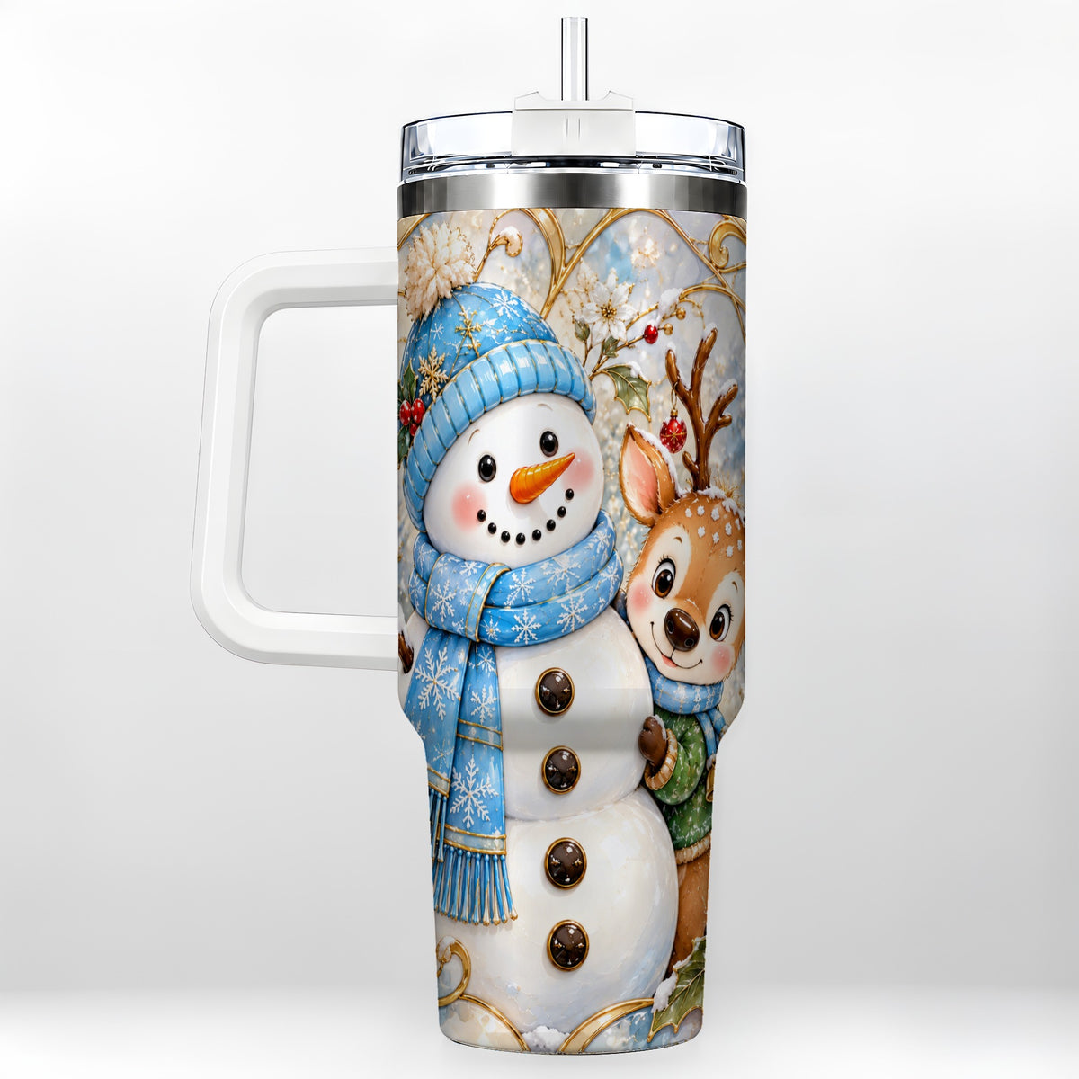 Snowman Reindeer 40oz Tumbler with Handle, Winter Travel Cup