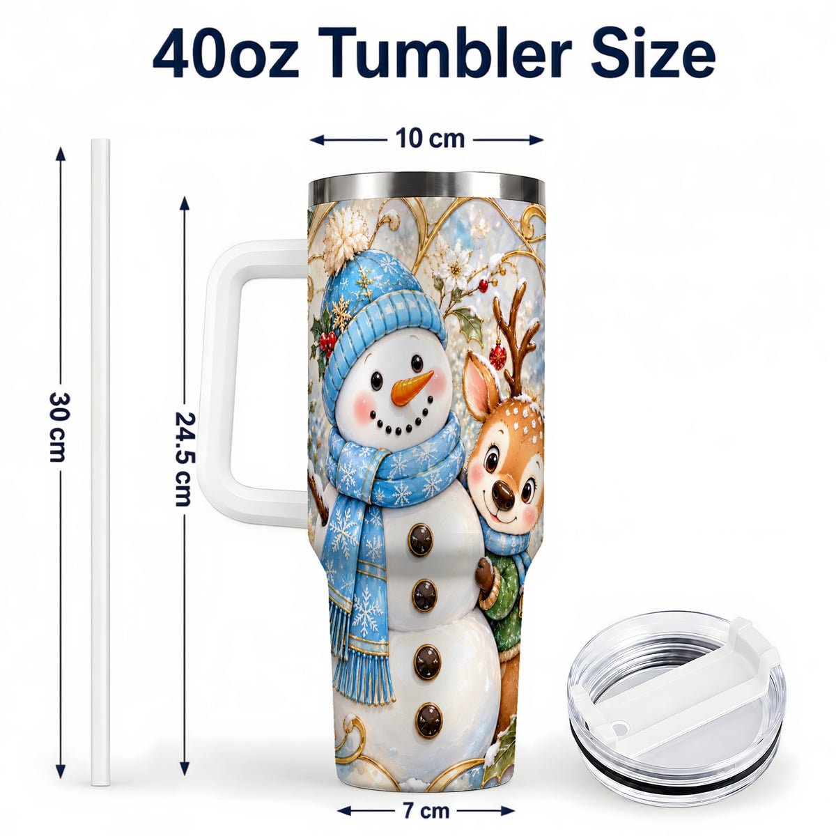 #pl[40oz|White] Snowman Reindeer 40oz Tumbler with Handle, Winter Travel Cup