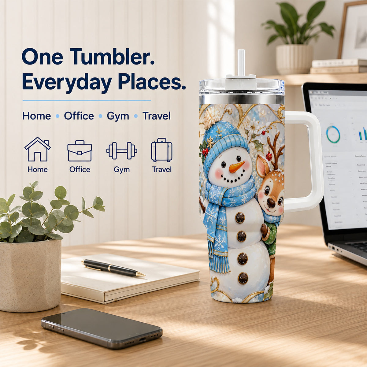 #pl[40oz|White] Snowman Reindeer 40oz Tumbler with Handle, Winter Travel Cup